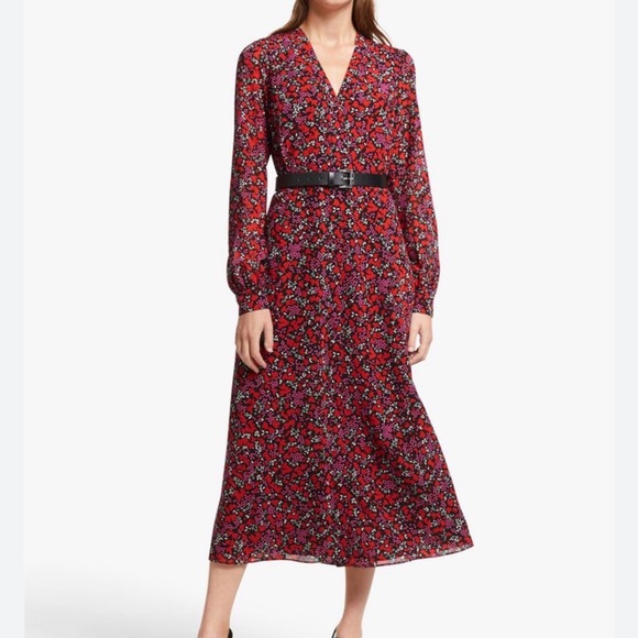 MICHAEL Michael Kors Dresses & Skirts - MICHAEL Michael Kors Red Floral Long-Sleeve Midi Dress